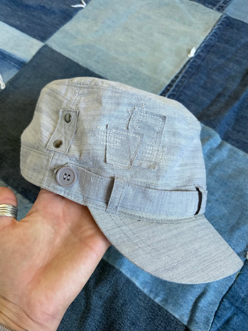 Cadet cap light grey patches buttoned utility short brim hat 100% cotton
